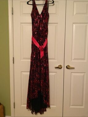 Riva Fuschia Sequin V-Neck High Low Evening Gown with Satin Rosette Belt Size 12